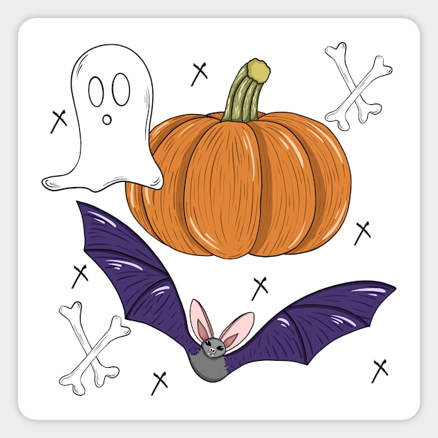 Fun Halloween pumpkin, bats, bones, ghost illustration Magnet by Ieva Li ART